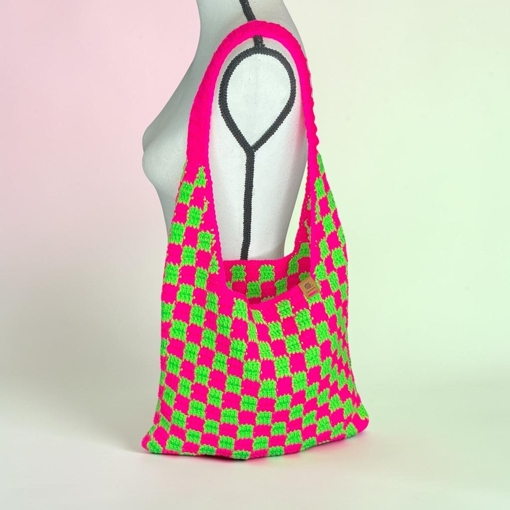 Handmade Neon Pink &‎ Lime Green Checker Checkerboard Crochet Shoulder Tote Bag